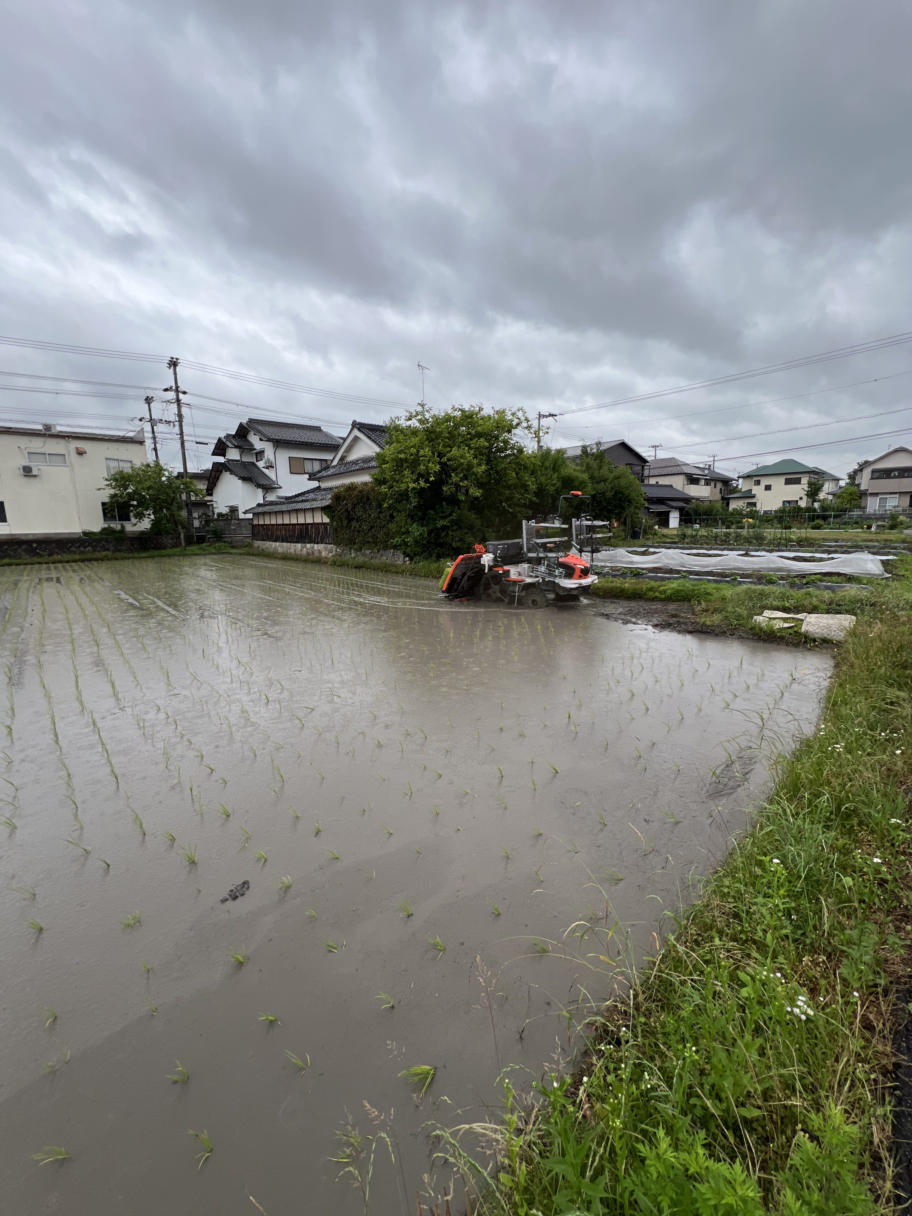 高圧洗浄機を用いて農機具をピカピカに洗い流す生産チーム